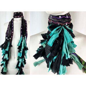 Chan Luu 2 Way Choker Shreds Scarf Boho Long Velvet Blue Black Fringe